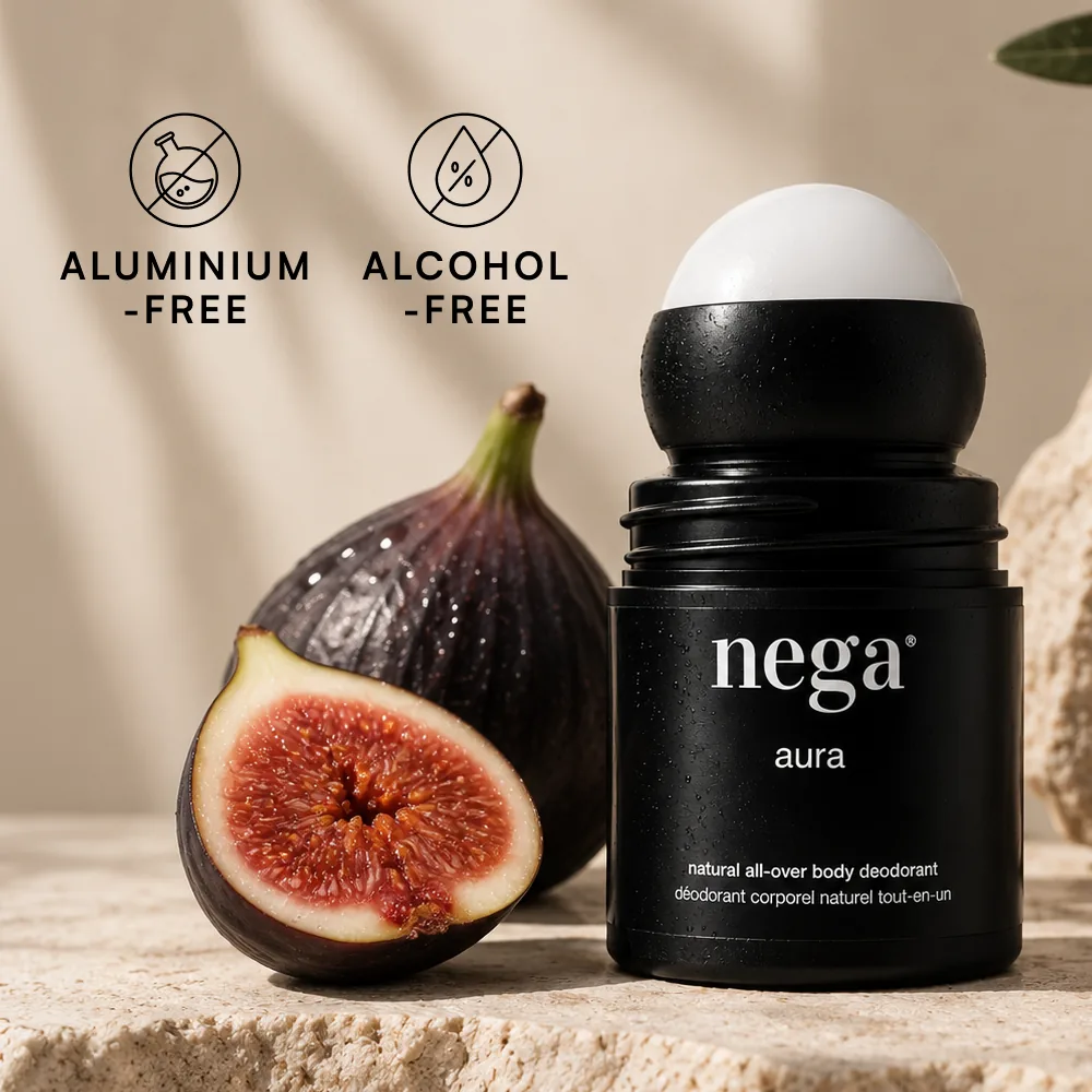 AURA obok świeżych fig – bez aluminium i bez alkoholu